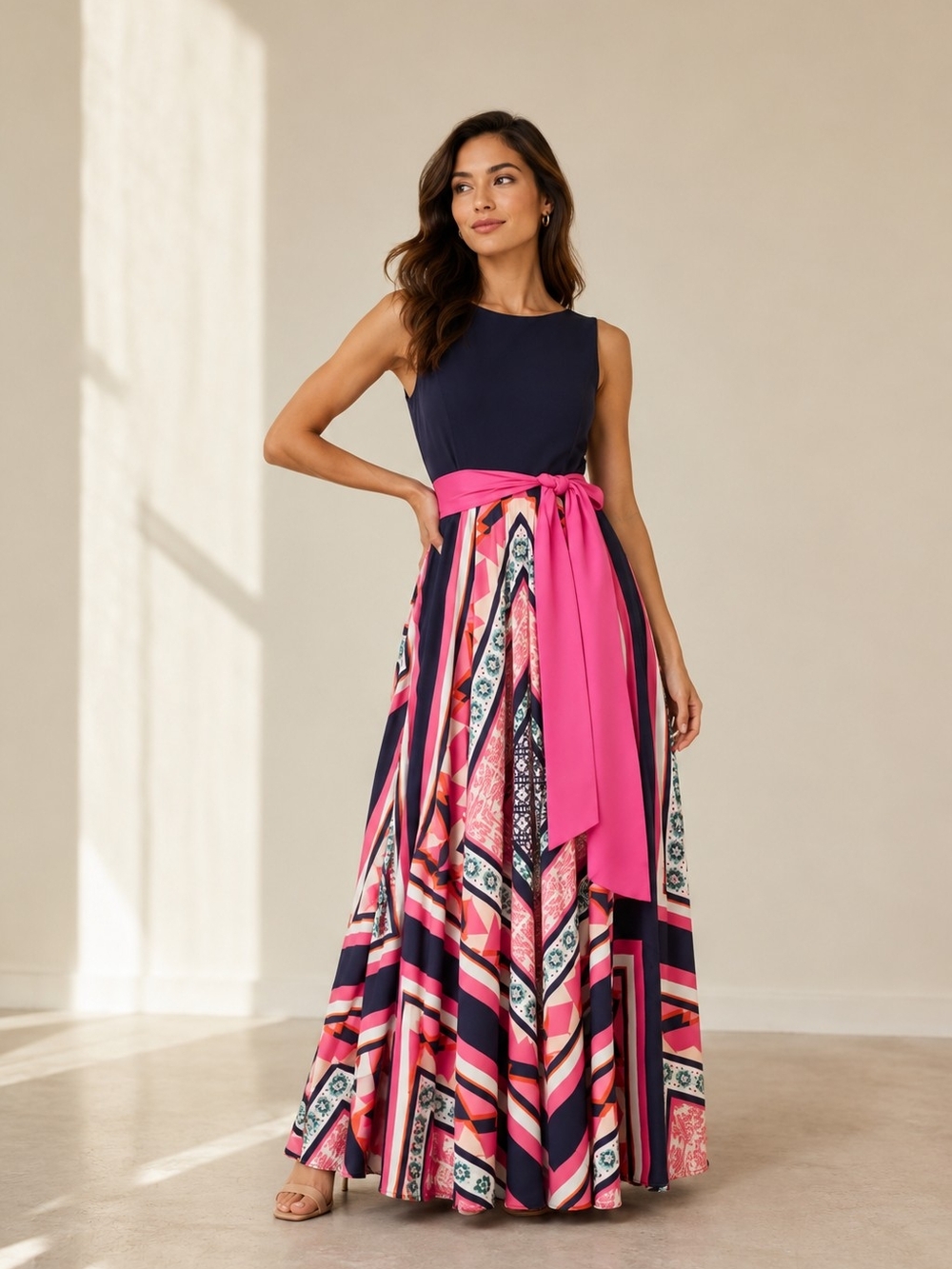 Eliza J Navy Maxi Skirt with Hot Pink Sash and Multicolor Geometric Panels